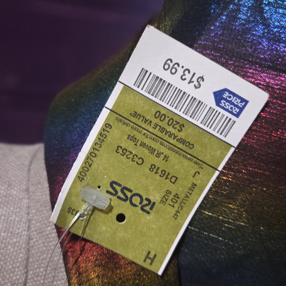 Peach Shiny Rainbow Color Button Up Shirt With Collar And Elastic Puff Sleeves - Picture 3 of 6